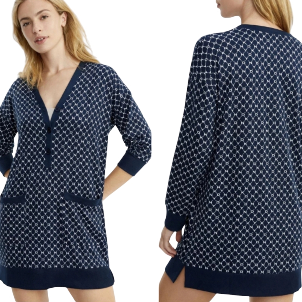DKNY Sweater Dress Spell Out Monogram Blue Long Sleeve V-neck Stretch Tunic